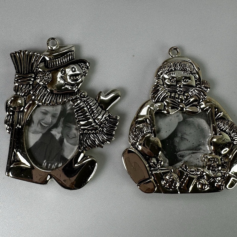 Silver GORHAM Christmas Tree ORNAMENT Photo Frames Santa and Snowman 2 Pieces